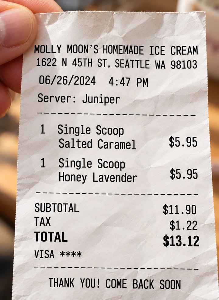 Our Molly Moon's receipt from June 26, 2024 at 4:47 PM: one single scoop of Salted Caramel and one of Honey Lavender.